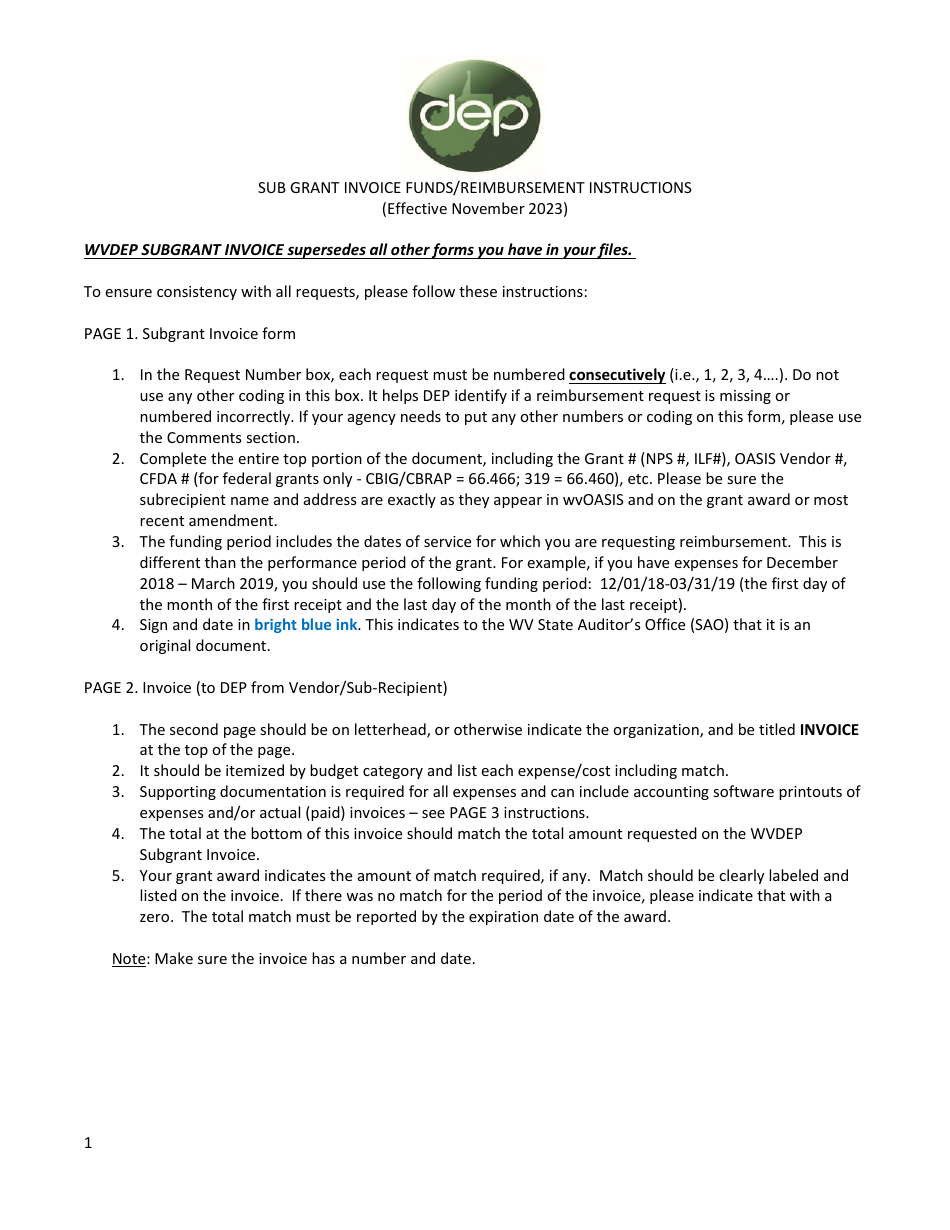 Instructions for Wvdep Sub Grant Invoice - West Virginia, Page 1