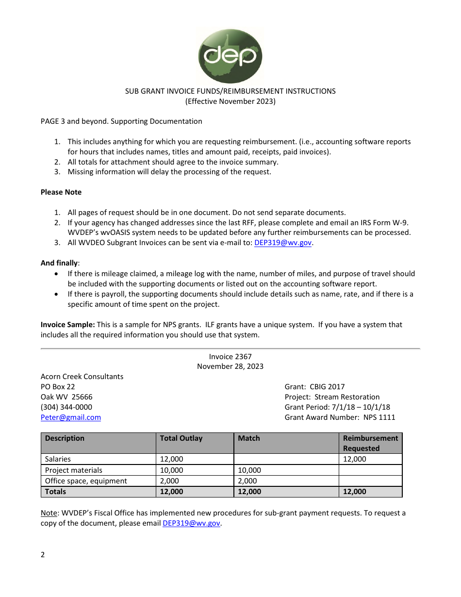 Instructions for Wvdep Sub Grant Invoice - West Virginia, Page 2