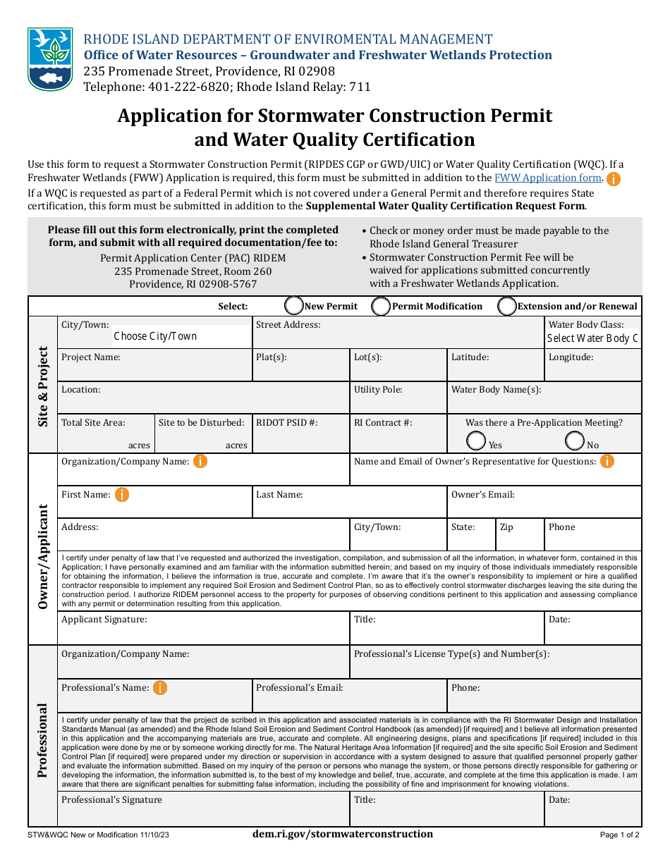 Application for Stormwater Construction Permit and Water Quality Certification - Rhode Island, Page 1