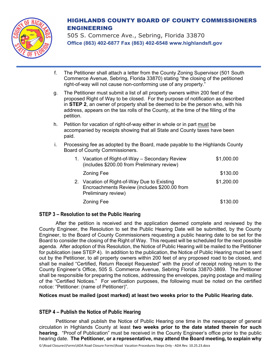 Procedures and Policy for Vacation of Right-Of-Way - Highlands County, Florida, Page 2