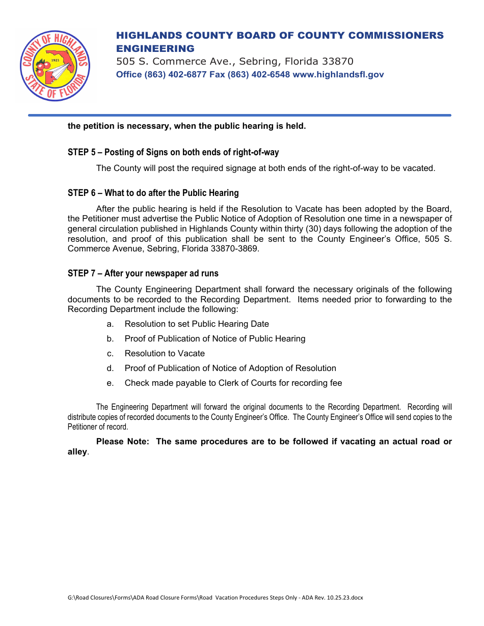 Procedures and Policy for Vacation of Right-Of-Way - Highlands County, Florida, Page 3