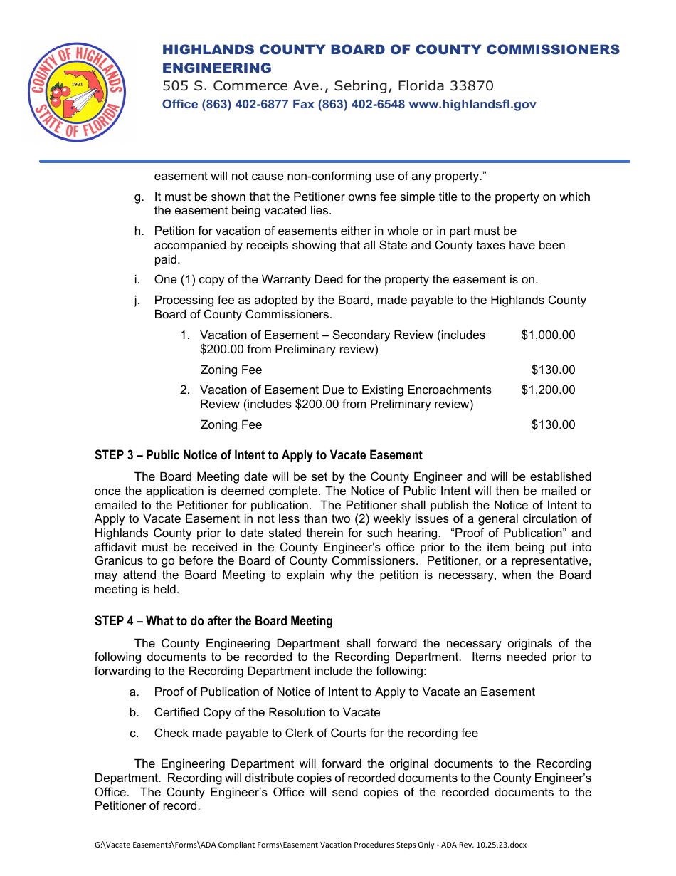 Procedures and Policy for Vacating Easements - Highlands County, Florida, Page 2