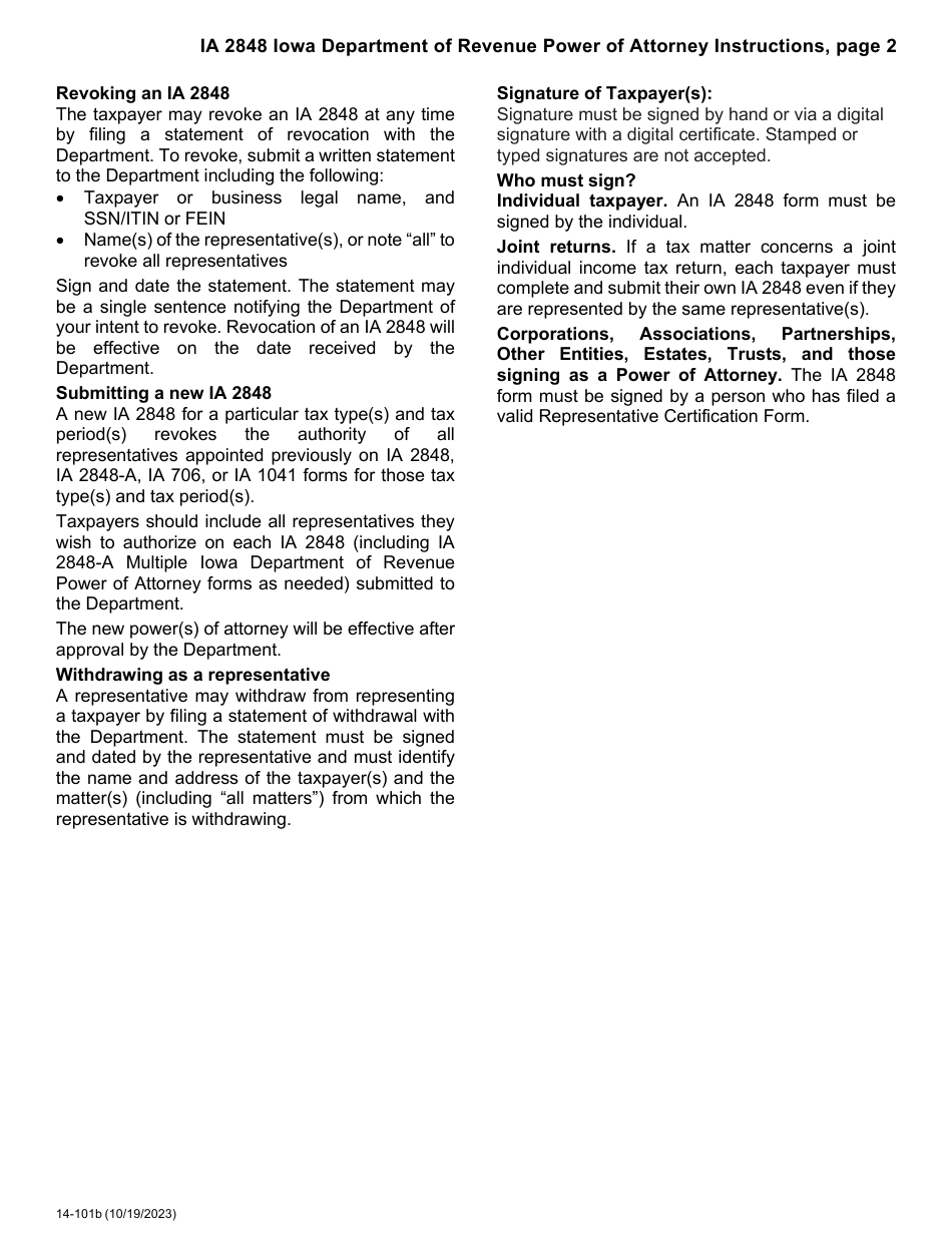 Form IA2848 (14-101) Iowa Department of Revenue Power of Attorney - Iowa, Page 2