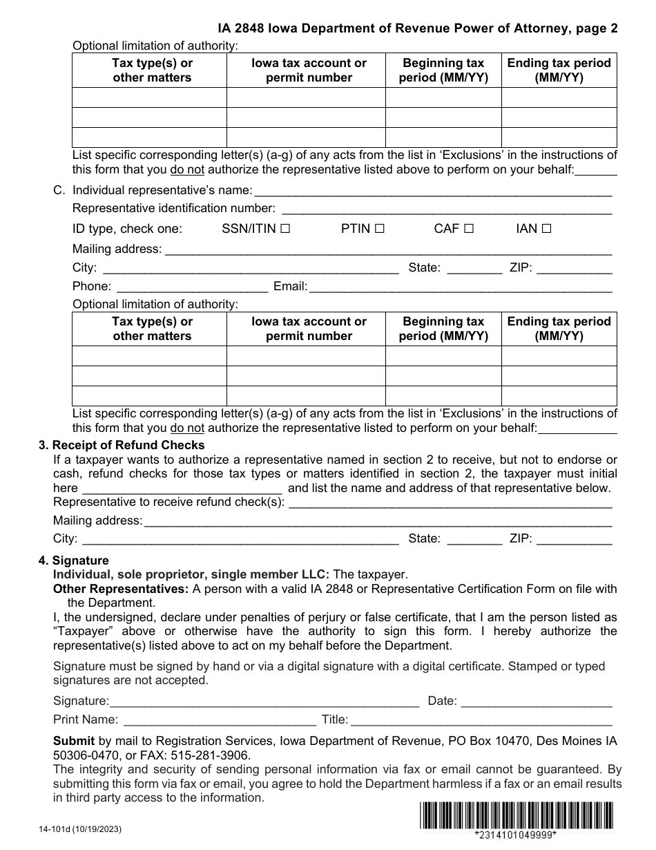 Form IA2848 (14-101) Iowa Department of Revenue Power of Attorney - Iowa, Page 4