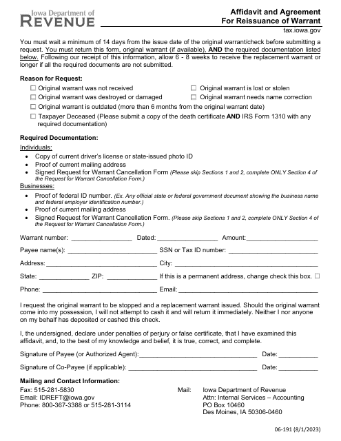 Form 06-191 Affidavit and Agreement for Reissuance of Warrant - Iowa