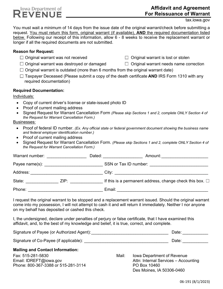 Form 06-191 Download Fillable PDF or Fill Online Affidavit and ...