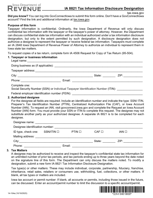 Form IA8821 (14-104)  Printable Pdf