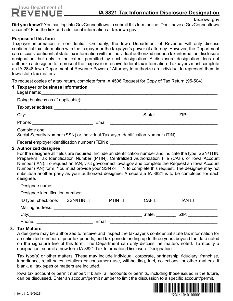 Form IA8821 (14-104) Tax Information Disclosure Designation - Iowa, Page 1