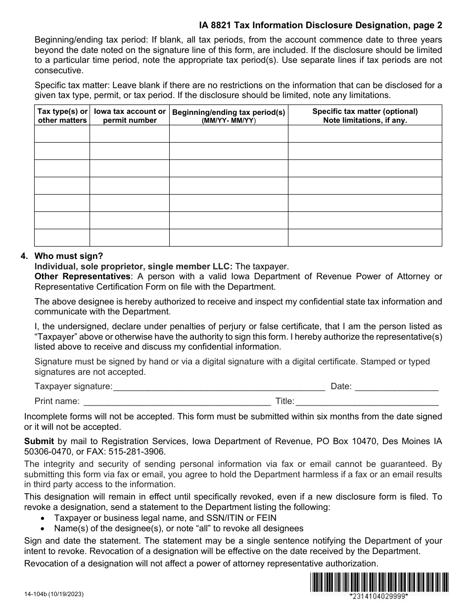 Form IA8821 (14-104) Tax Information Disclosure Designation - Iowa, Page 2