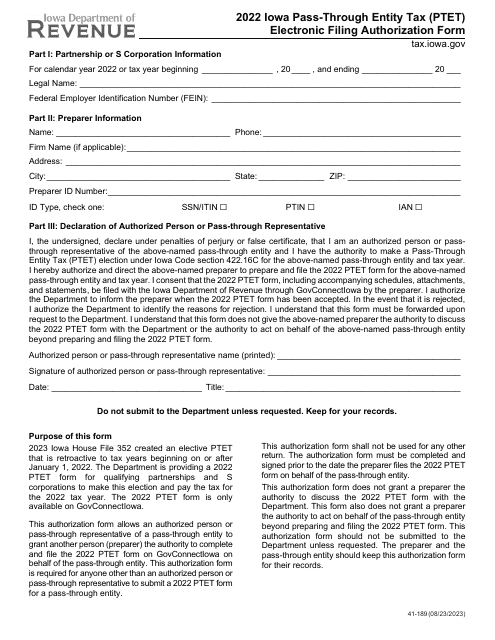 Form 41-189 Iowa Pass-Through Entity Tax (Ptet) Electronic Filing Authorization Form - Iowa, 2022