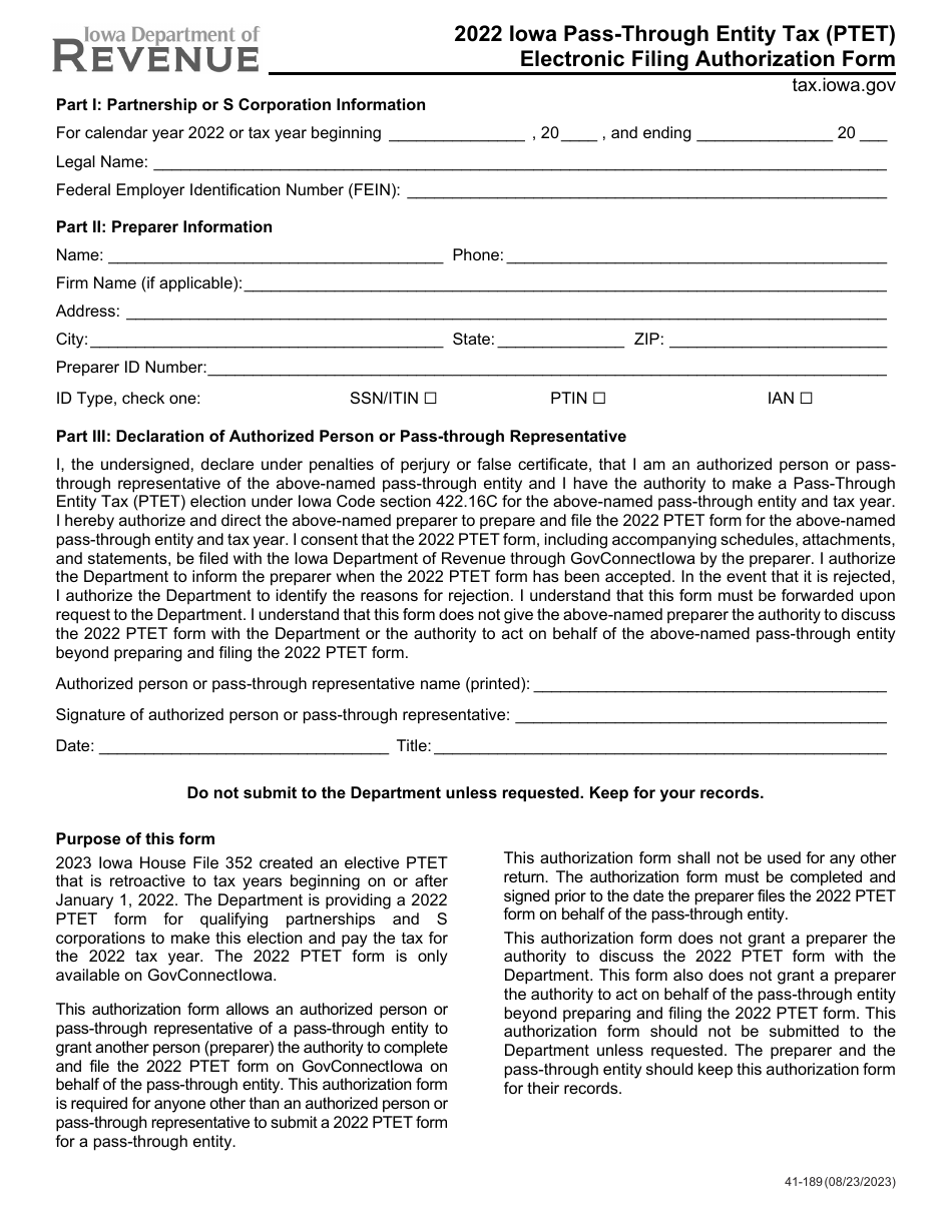 Form 41-189 Iowa Pass-Through Entity Tax (Ptet) Electronic Filing Authorization Form - Iowa, Page 1