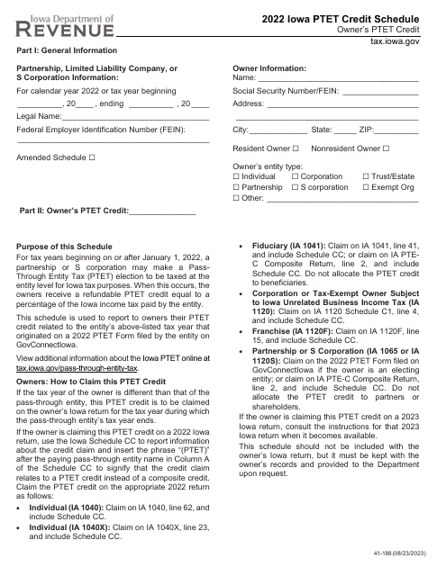 Form 41-188 Iowa Ptet Credit Schedule - Iowa, 2022