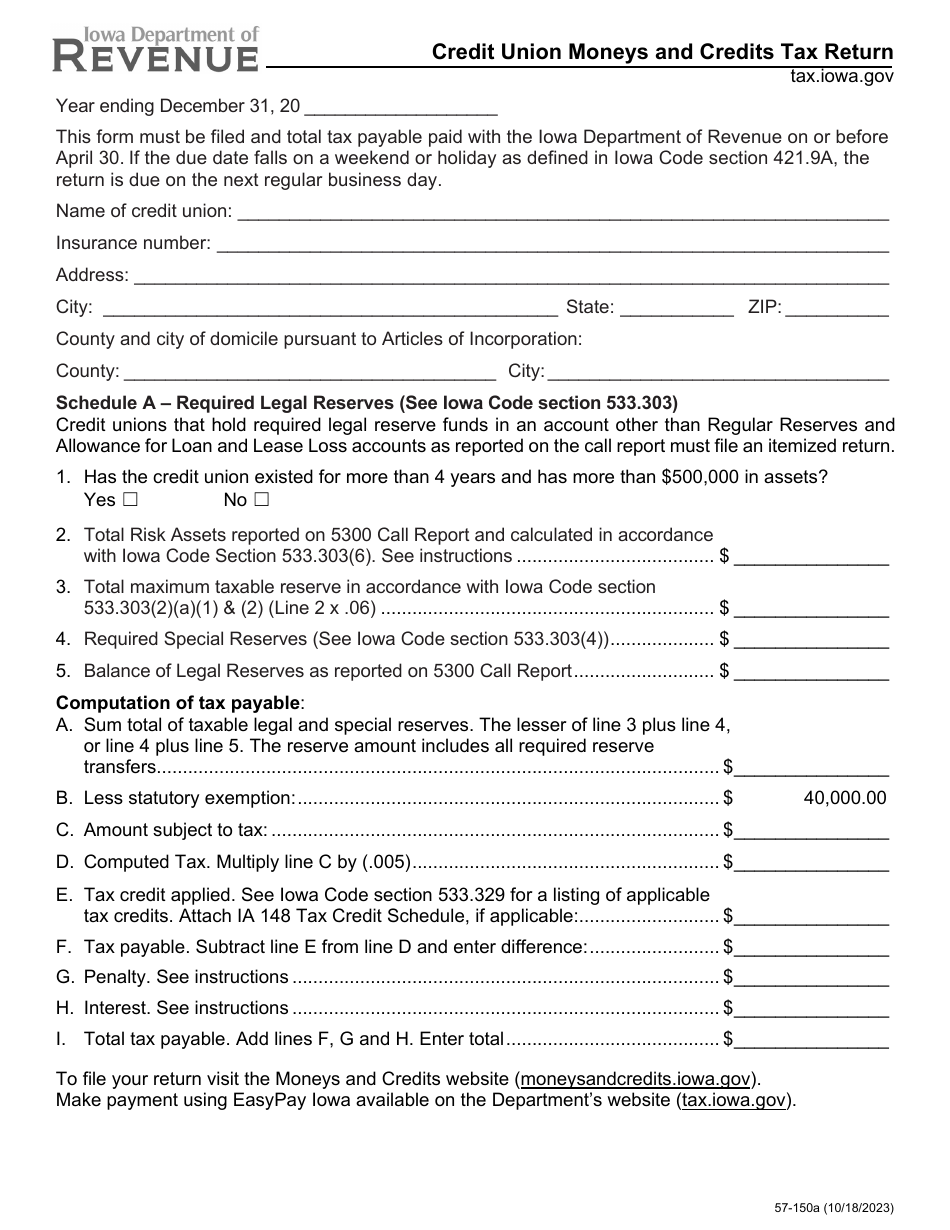 Form 57-150 Credit Union Moneys and Credits Tax Return - Iowa, Page 1