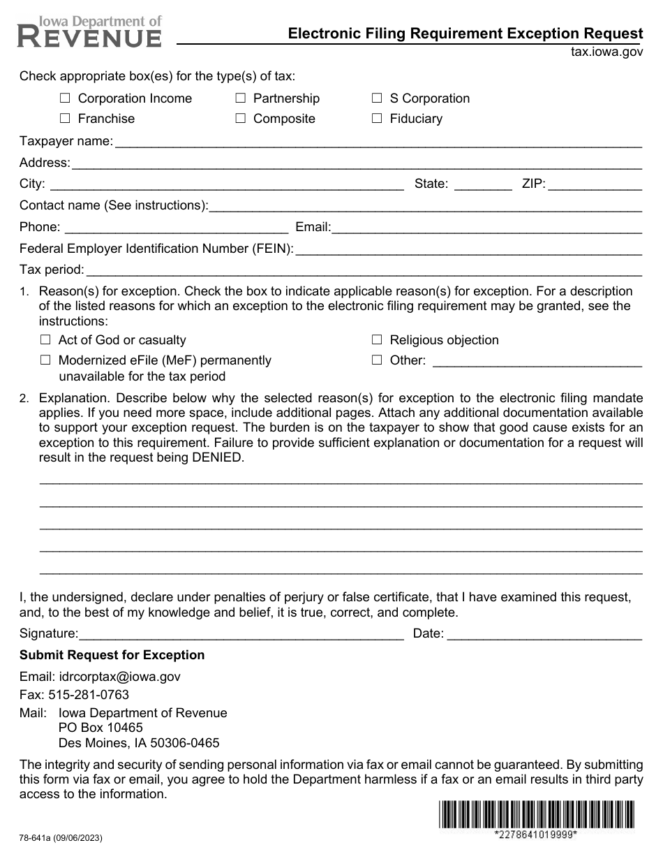 Form 78-641 Electronic Filing Requirement Exception Request - Iowa, Page 1