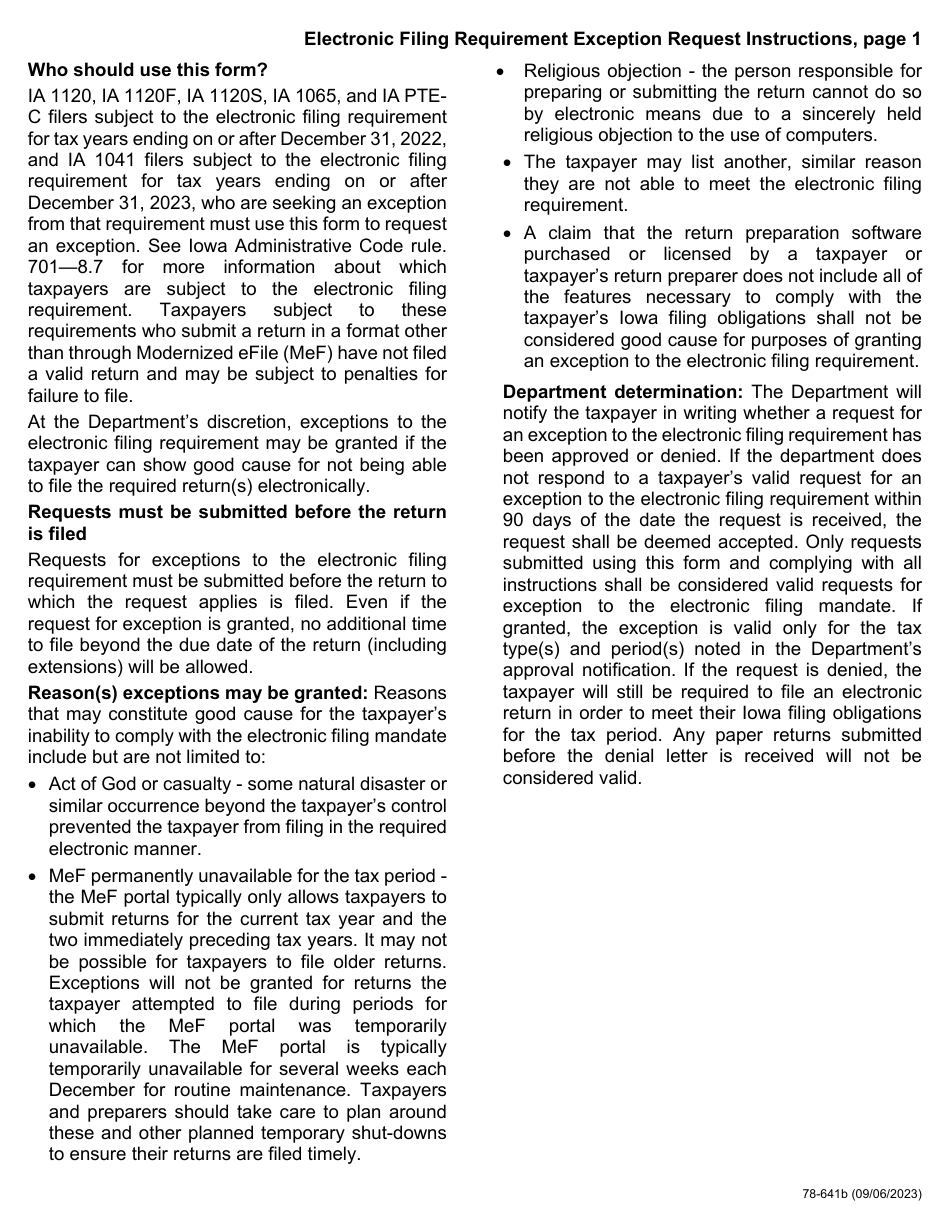 Form 78-641 Electronic Filing Requirement Exception Request - Iowa, Page 2
