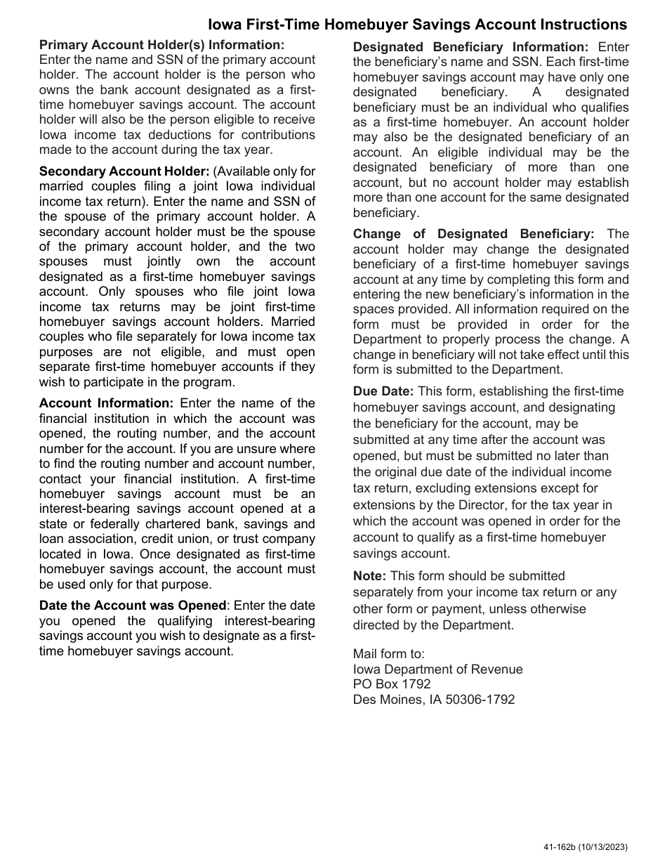 Form 41-162 First-Time Homebuyer Account Holder and Designated Beneficiary Form - Iowa, Page 2