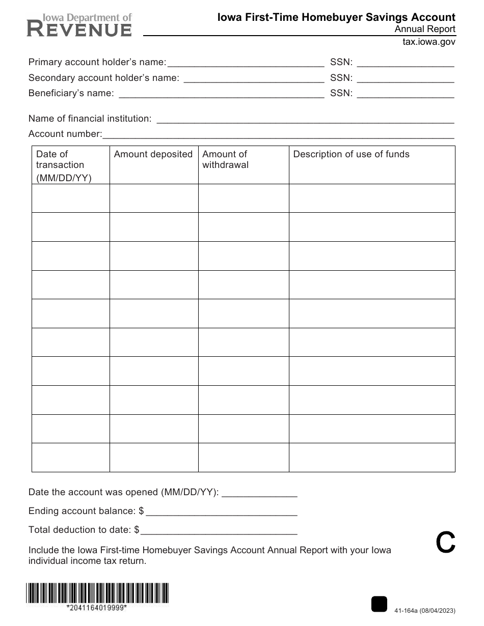 Form 41-164 Iowa First-Time Homebuyer Savings Account Annual Report - Iowa, Page 1