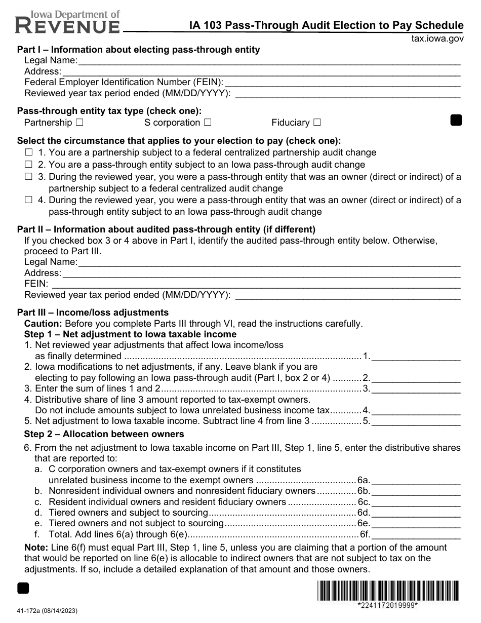 Form IA103 (41-172) Pass-Through Audit Election to Pay Schedule - Iowa, Page 1