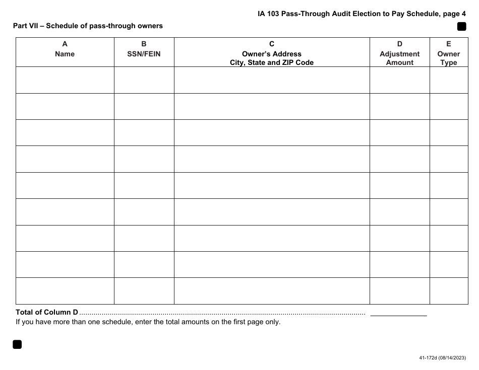 Form IA103 (41-172) Pass-Through Audit Election to Pay Schedule - Iowa, Page 4