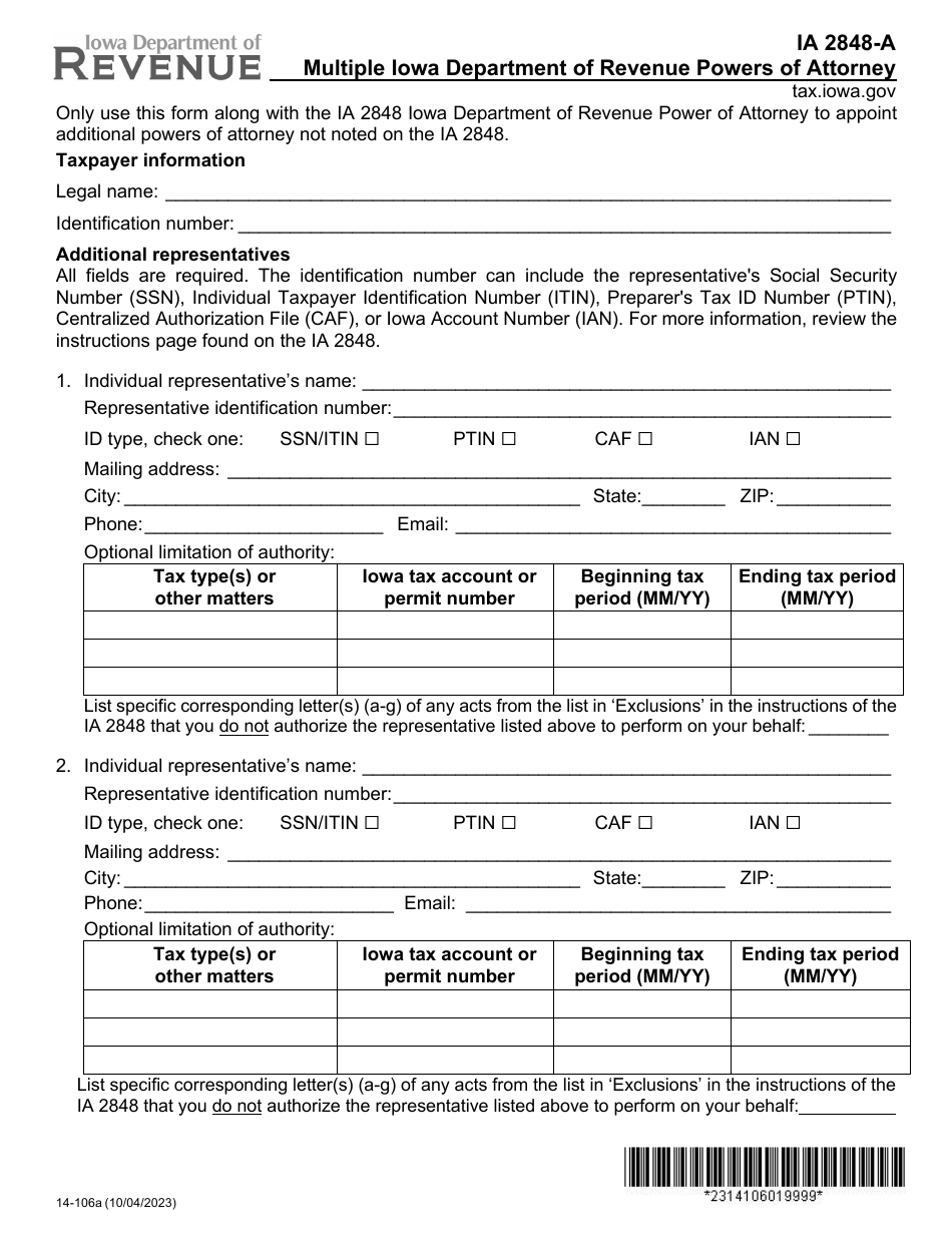 Form IA2848-A (14-106) Multiple Iowa Department of Revenue Powers of Attorney - Iowa, Page 1