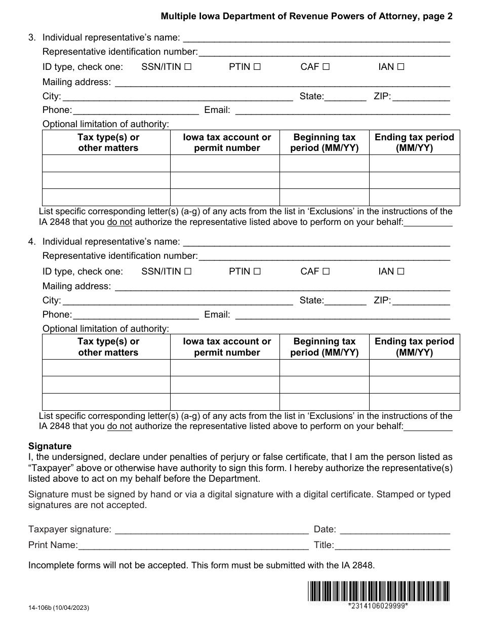 Form IA2848-A (14-106) Multiple Iowa Department of Revenue Powers of Attorney - Iowa, Page 2