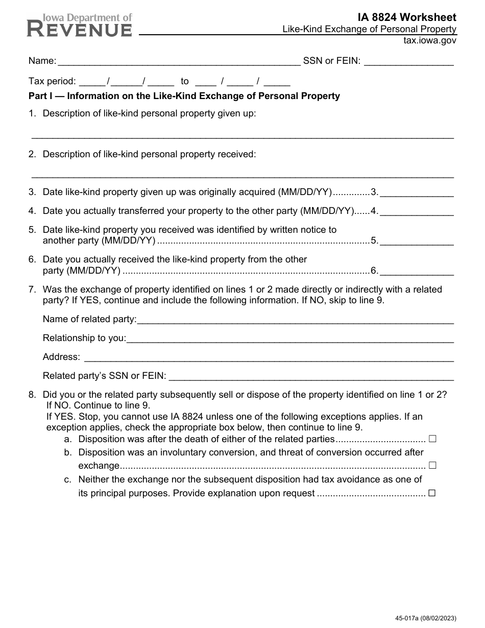 Form IA8824 (45-017) Like-Kind Exchange of Personal Property Worksheet - Iowa, Page 1