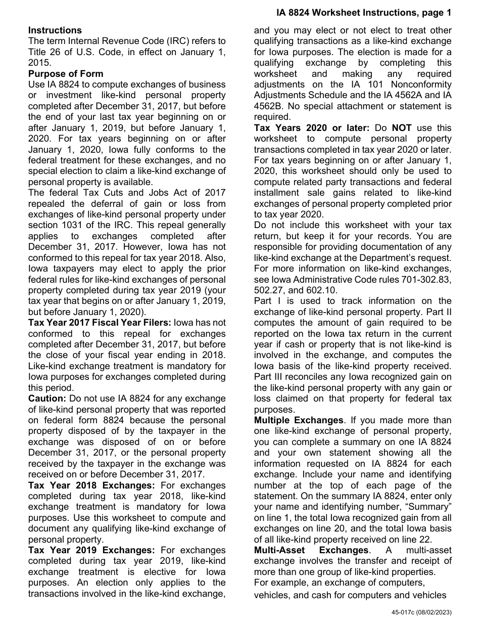 Form IA8824 (45-017) Like-Kind Exchange of Personal Property Worksheet - Iowa, Page 3