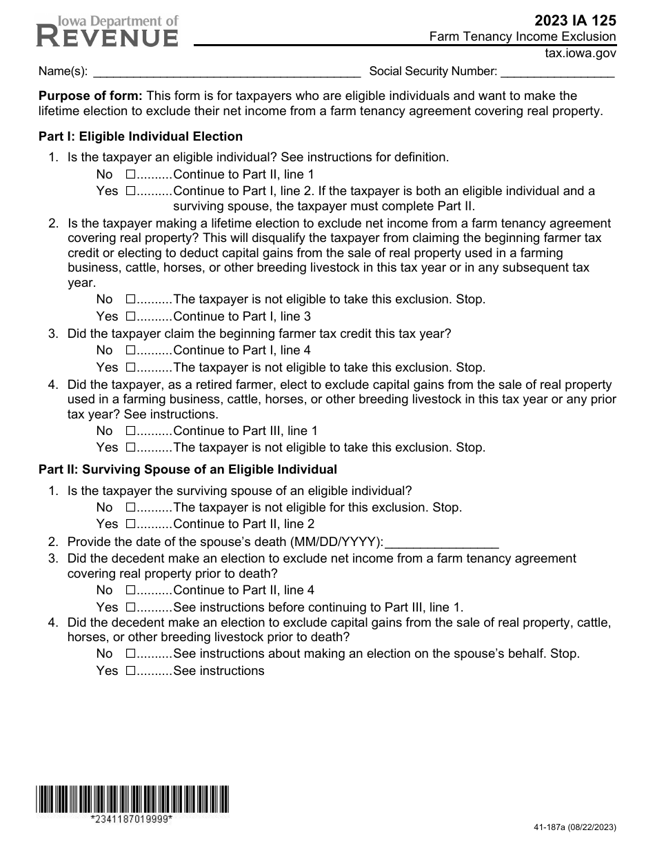 Form IA125 (41-187) Farm Tenancy Income Exclusion - Iowa, Page 1