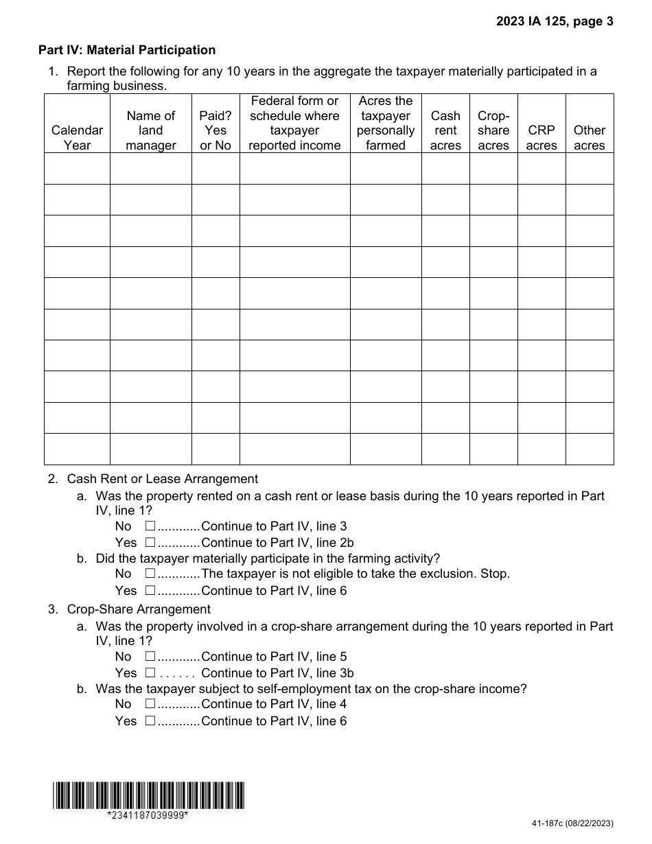 Form IA125 (41-187) Farm Tenancy Income Exclusion - Iowa, Page 3