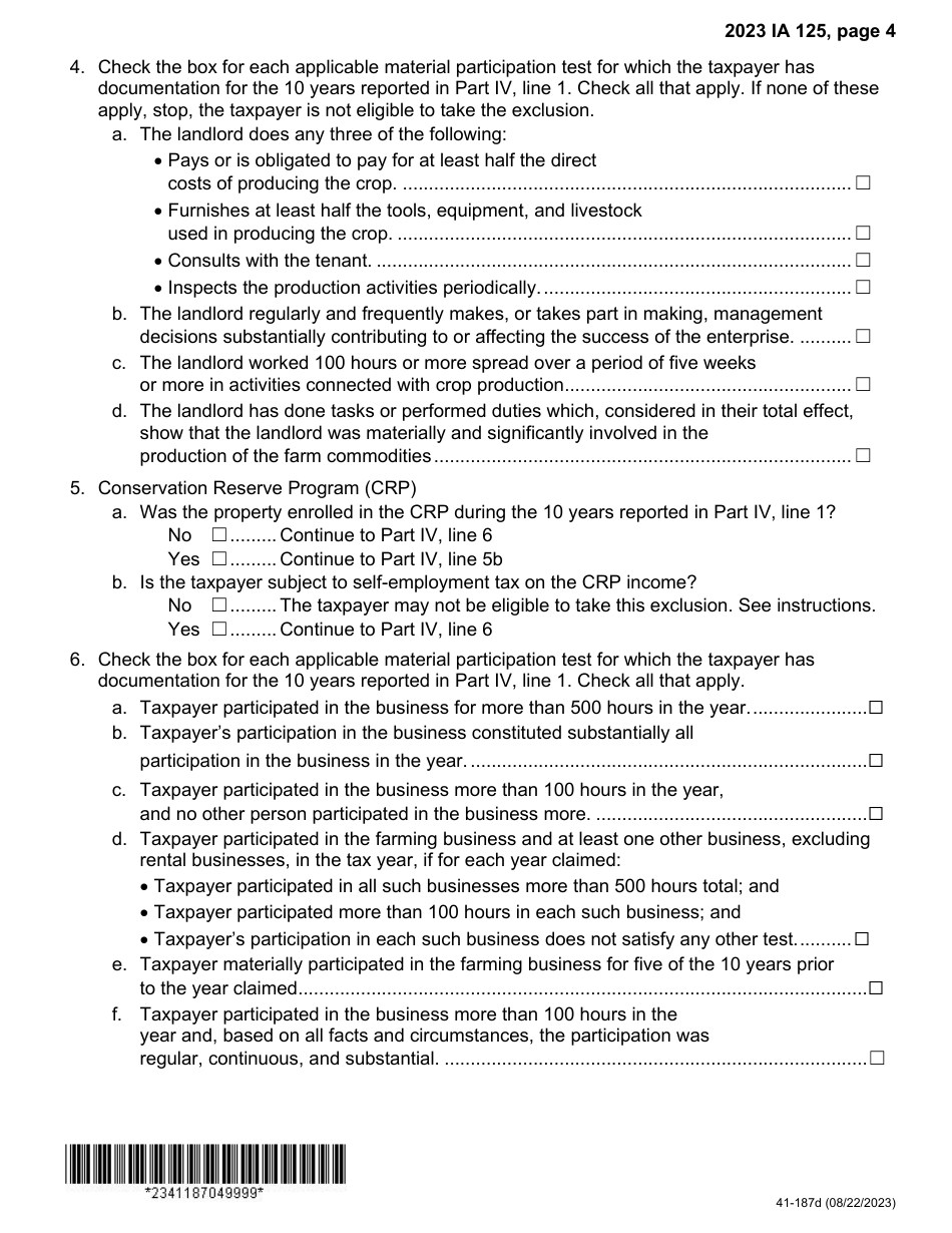 Form IA125 (41-187) Farm Tenancy Income Exclusion - Iowa, Page 4