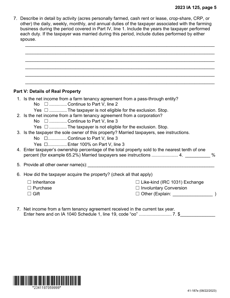 Form IA125 (41-187) Farm Tenancy Income Exclusion - Iowa, Page 5