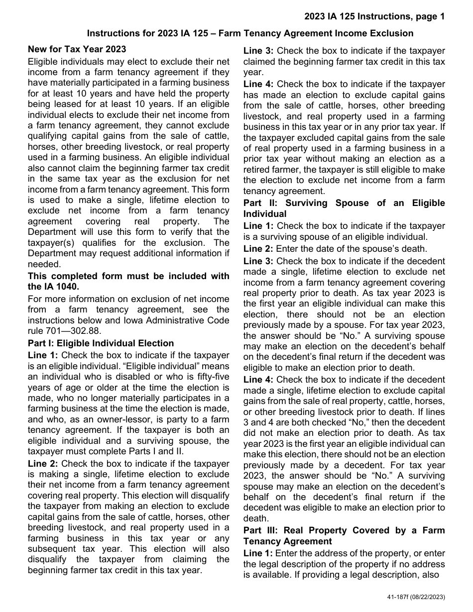 Form IA125 (41-187) Farm Tenancy Income Exclusion - Iowa, Page 6