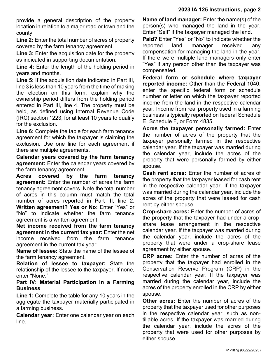 Form IA125 (41-187) Farm Tenancy Income Exclusion - Iowa, Page 7