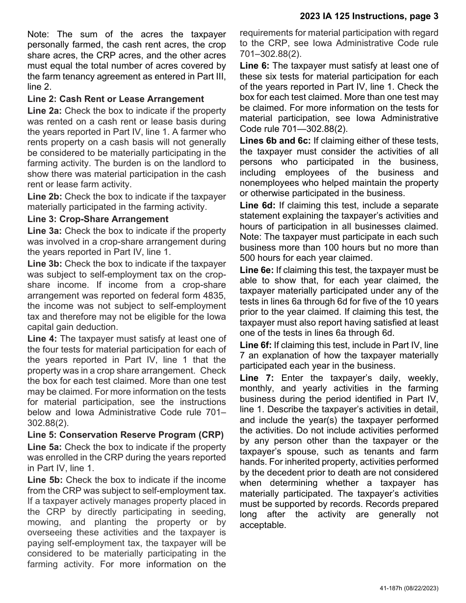 Form IA125 (41-187) Farm Tenancy Income Exclusion - Iowa, Page 8