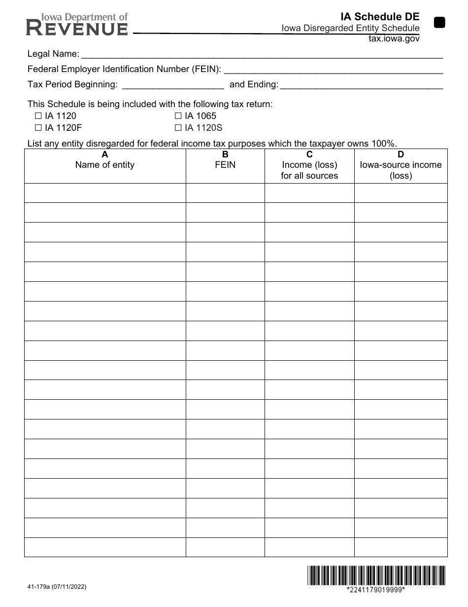 Form 41-179 Schedule DE Iowa Disregarded Entity Schedule - Iowa, Page 1