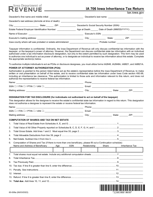 Form IA706 (60-008) Iowa Inheritance Tax Return - Iowa