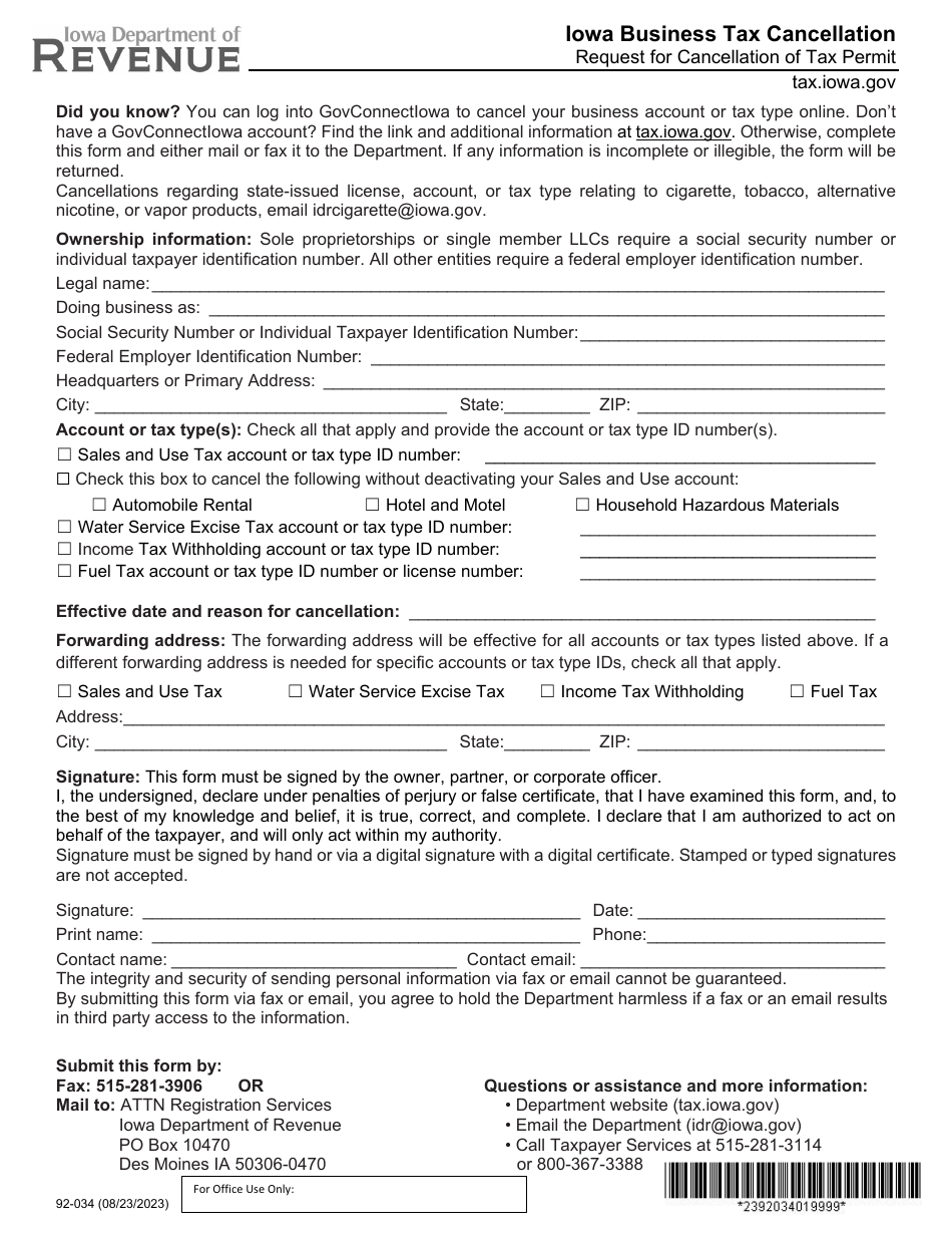 Form 92-034 Iowa Business Tax Cancellation - Iowa, Page 1