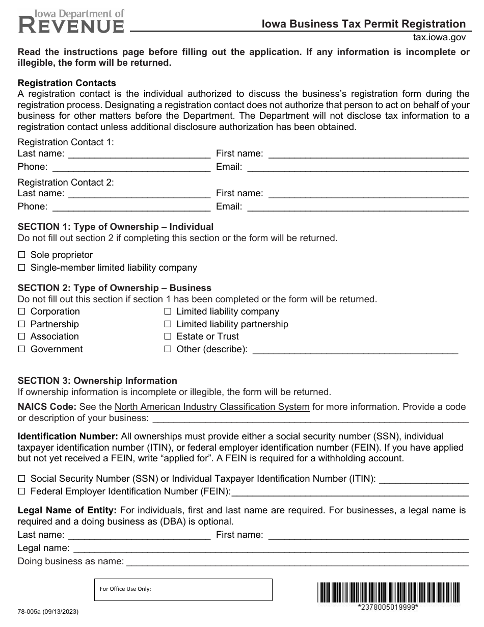 Form 78-005 Iowa Business Tax Permit Registration - Iowa, Page 1