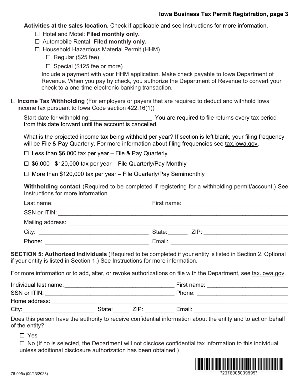 Form 78-005 Iowa Business Tax Permit Registration - Iowa, Page 3