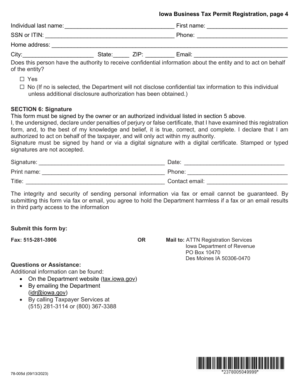 Form 78-005 Iowa Business Tax Permit Registration - Iowa, Page 4
