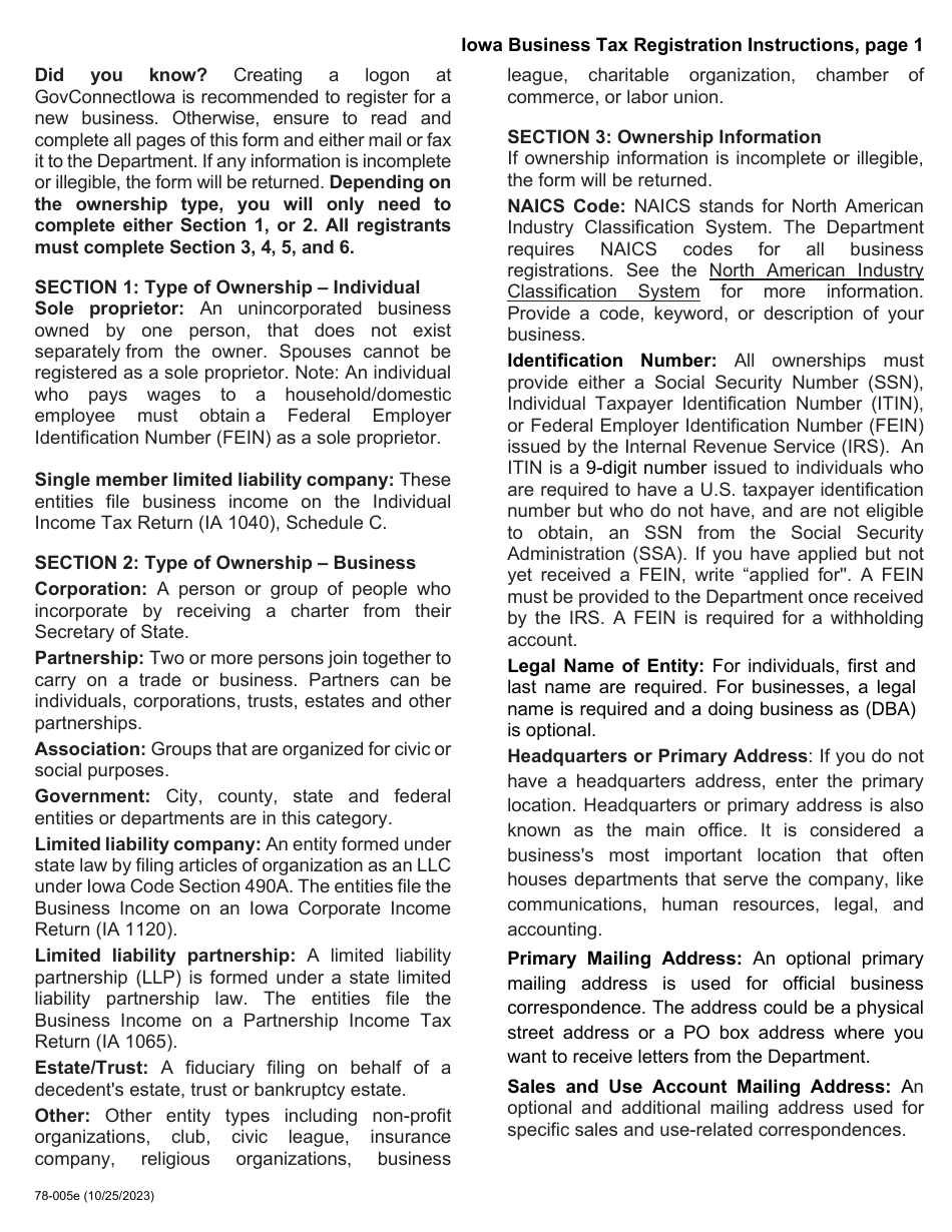 Form 78-005 Iowa Business Tax Permit Registration - Iowa, Page 5