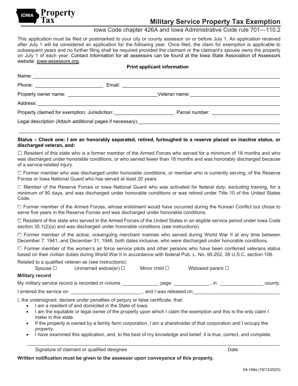 Form 54-146 Military Service Property Tax Exemption - Iowa, Page 1