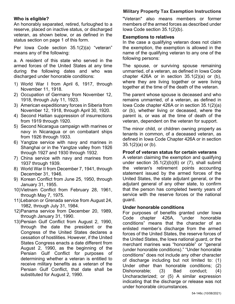 Form 54-146 Military Service Property Tax Exemption - Iowa, Page 3