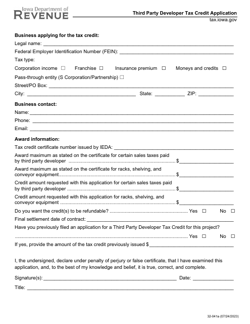 Form 32-041 Third Party Developer Tax Credit Application - Iowa