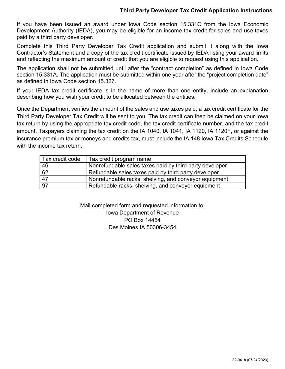 Form 32-041 Third Party Developer Tax Credit Application - Iowa, Page 2
