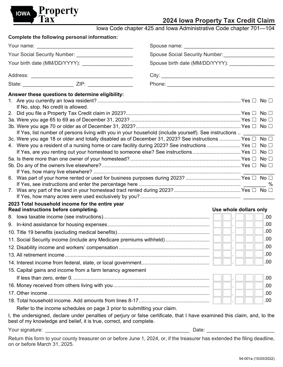 Form 54-001 Iowa Property Tax Credit Claim - Iowa, Page 1