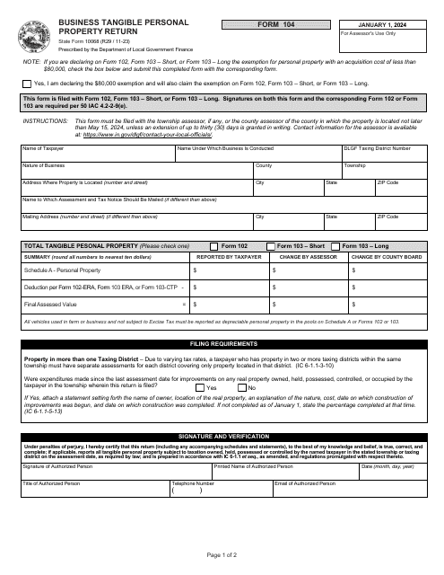Form 104 (State Form 10068) Business Tangible Personal Property Return - Indiana