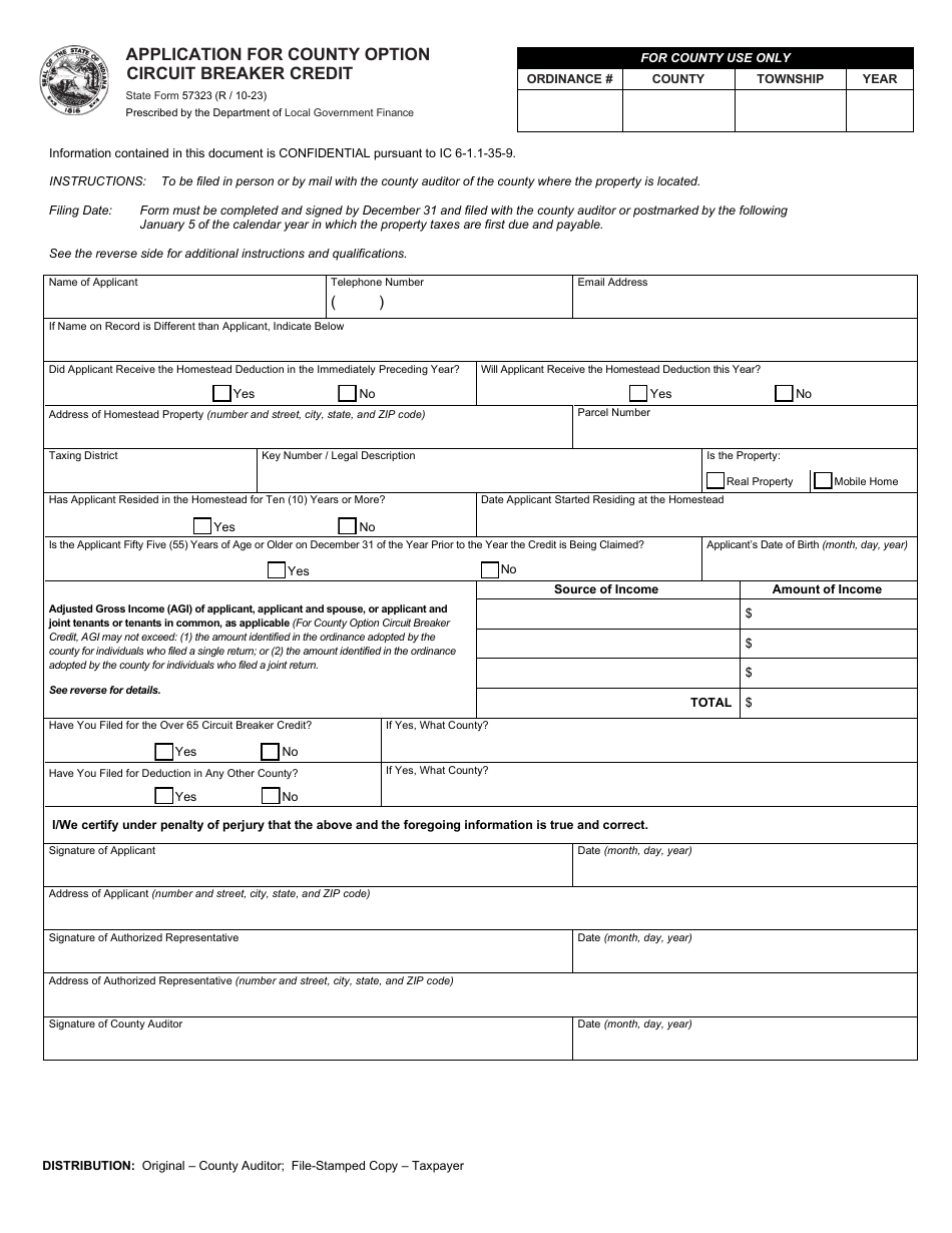 State Form 57323 Application for County Option Circuit Breaker Credit - Indiana, Page 1