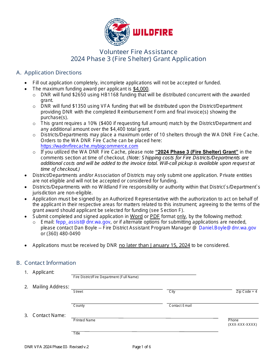 Volunteer Fire Assistance Phase 3 (Fire Shelter) Grant Application - Washington, Page 1