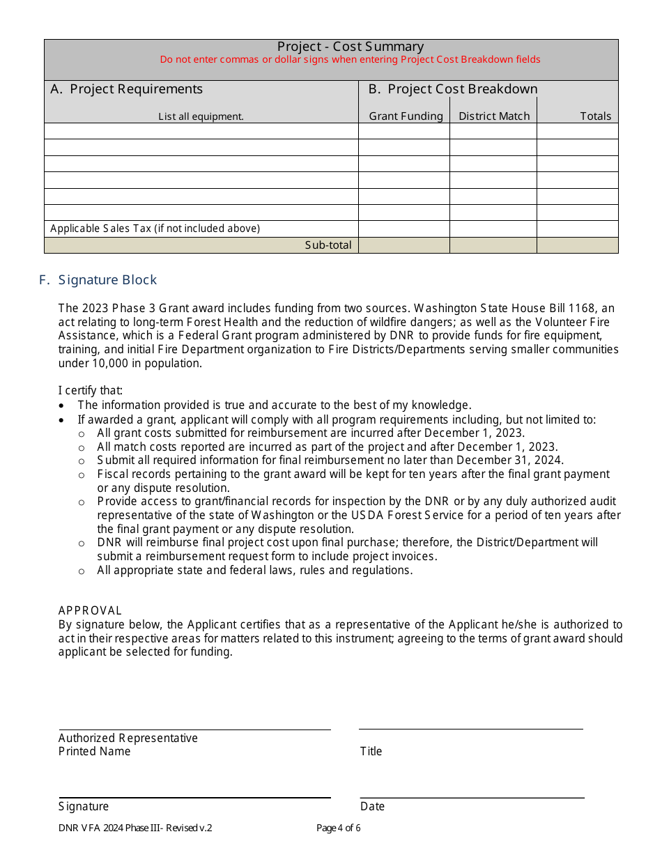 Volunteer Fire Assistance Phase 3 (Fire Shelter) Grant Application - Washington, Page 4